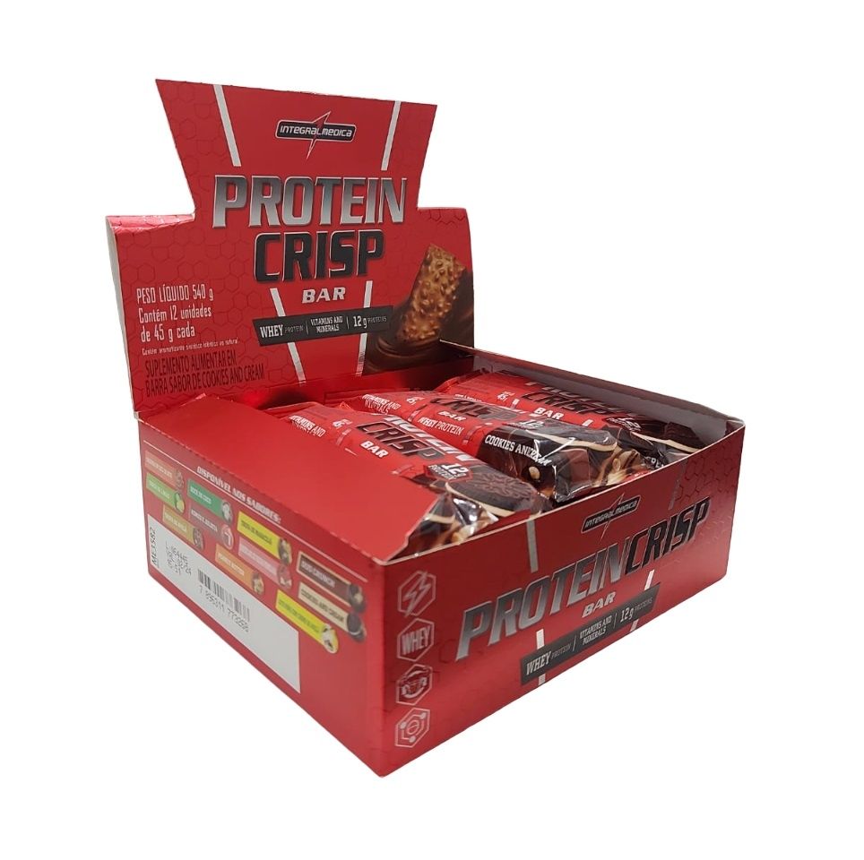 Barra de Proteína - Crisp Bar Caixa 12 Unidades (540g) - Sabor Biscoito e Creme - Integralmédica