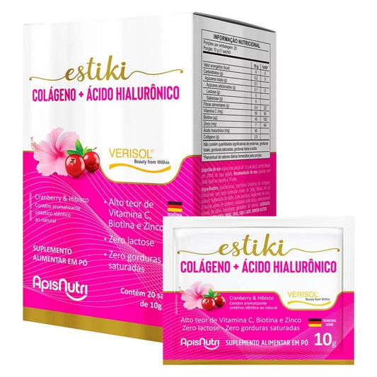 Estiki Colágeno + Ácido Hialurônico Display (20 sachês 10g) - Cranberry com Hibisco Apisnutri